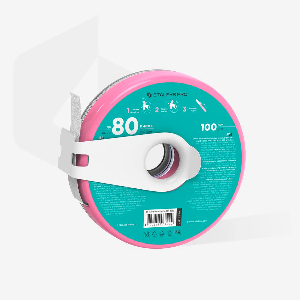 Staleks Disposable Adhesive white abrasive tape EXPERT 100 grit in a plastic case